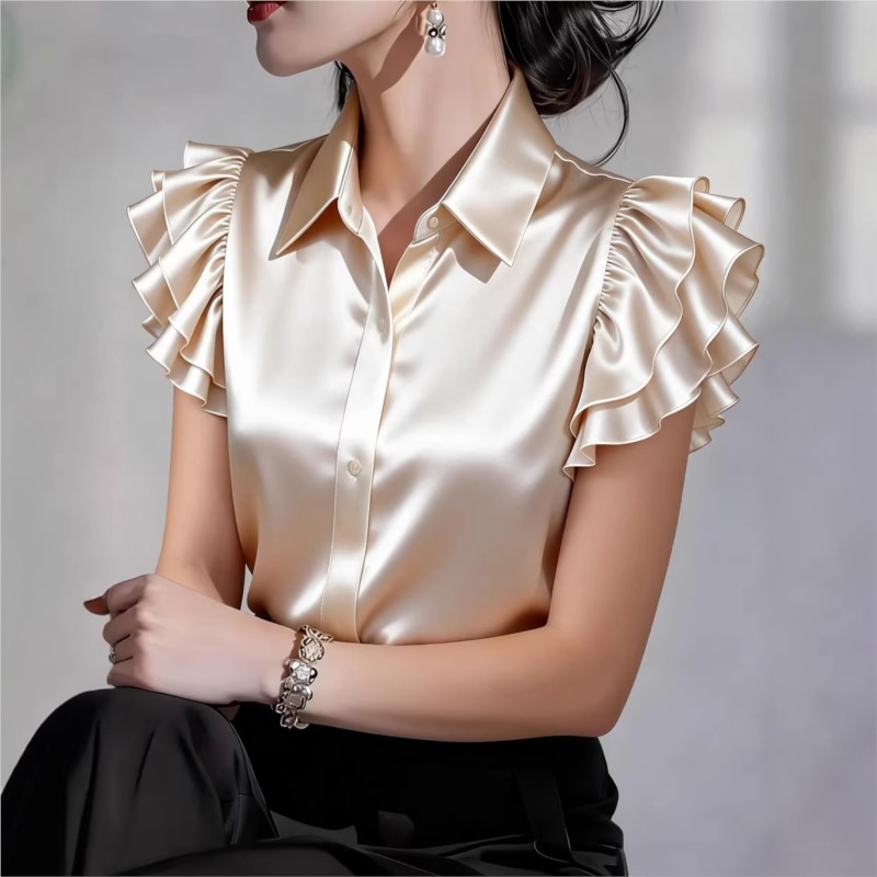 Silk Blouse Button - Casual Ruffle Short Sleeve Blouse 2026