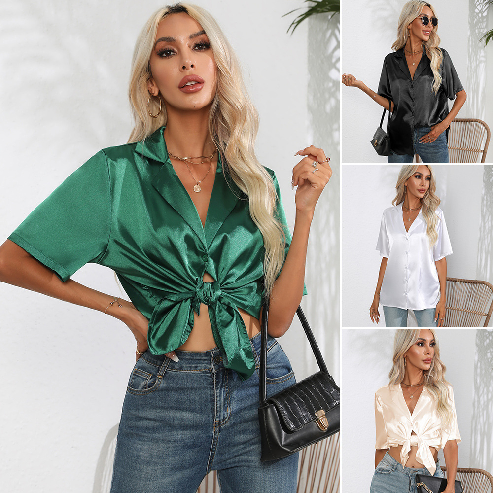 Women's New Solid Color Satin  - Silk Blouse Button review and price