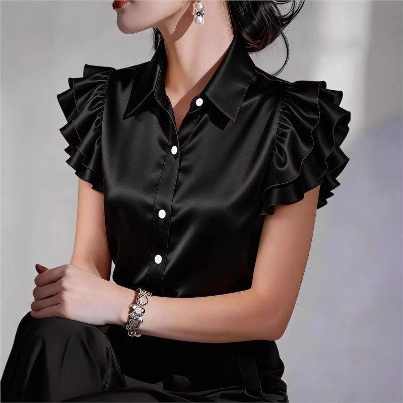 Casual Ruffle Short Sleeve Blo - Silk Blouse Button review and price