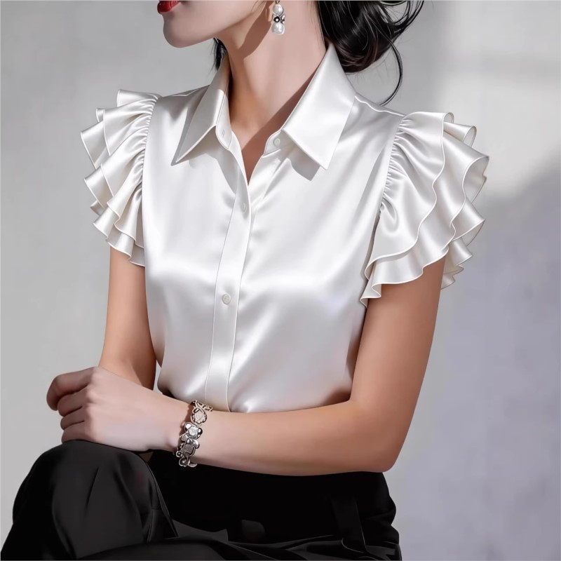 Casual Ruffle Short Sleeve Blo - Silk Blouse Button review and price