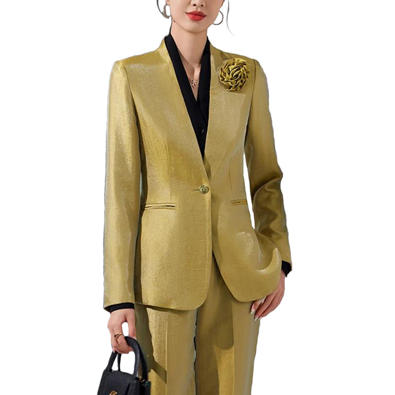 Women Blazer Pants Sets Gold A - Women'S Formal Wear Pantsuits review and price