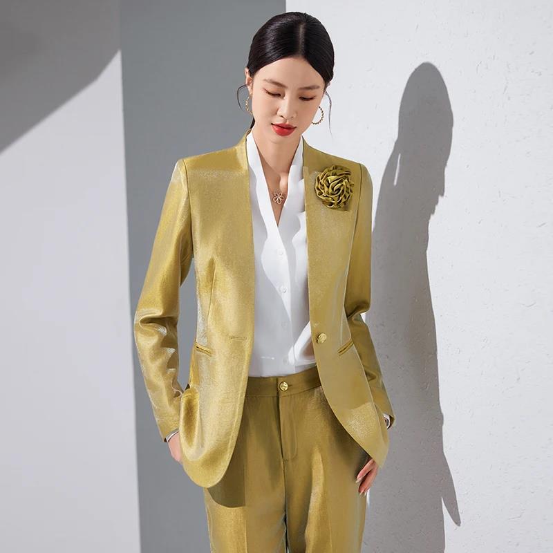 Women Blazer Pants Sets Gold A - Women'S Formal Wear Pantsuits review and price