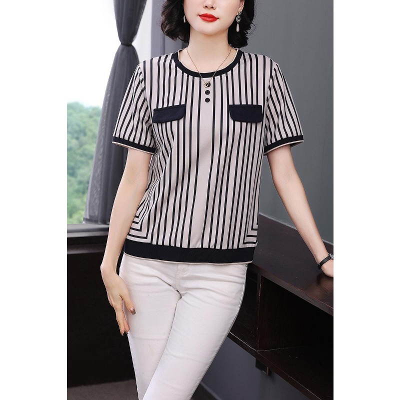Women's Striped Ice Silk T-Shi - Silk Blouse Button review and price