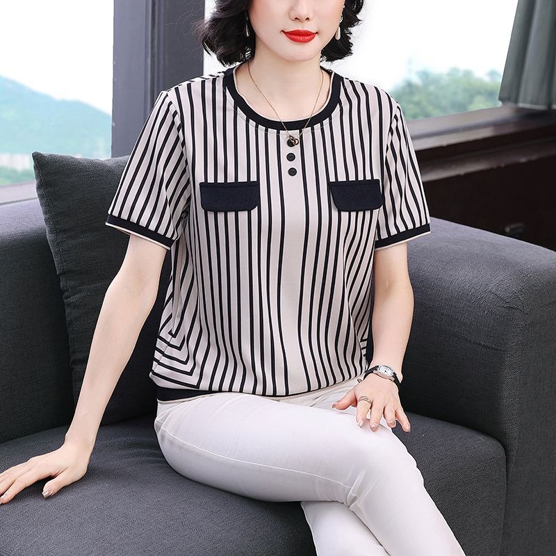 Women's Striped Ice Silk T-Shi - Silk Blouse Button review and price