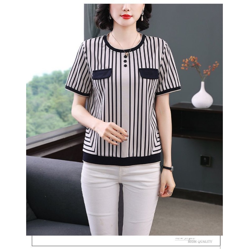 Women's Striped Ice Silk T-Shi - Silk Blouse Button review and price
